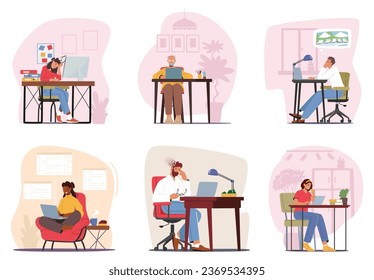 Characters With Laptops And Desktop Computers, Engrossed In Work Or Leisure Activities, Diverse People Creating A Bustling Scene Of Digital Productivity And Connectivity. Cartoon Vector Illustration