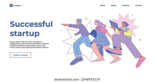 Characters with laptops run towards the goal. The leader points the way. The concept of working in a successful startup. Design of web page, landing. Attracting employees. Vector flat illustration.