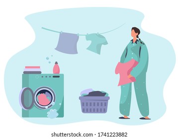 Characters Laundering Clothes in Washing Machine.Home Household and Wash Clothes.Domestic Work.Putting Clothes in Washing Machine.Every Day Housework Routine during Quarantine.Flat Vector Illustration
