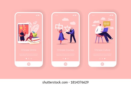 Characters Learning Chinese Language Course Mobile App Page Onboard Screen Template. Tiny People around Huge Smartphone with Teacher, Students Carry Hieroglyphs Concept. Cartoon Vector Illustration