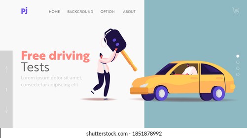 Characters Learning Drive Car,Driver License Landing Page Template. Tiny Woman Carry Huge Key, Man Sit in Automobile. Passing Exam and Get Permission for Auto Owning. Cartoon Vector Illustration