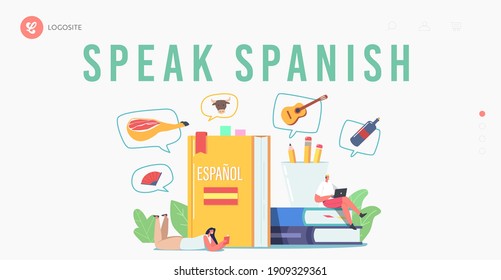 Characters Learning Spanish Language Course Landing Page Template. Tiny People at Huge Textbooks, Teacher and Students Chatting, Webinar, Online Education, Espanol Lesson. Cartoon Vector Illustration