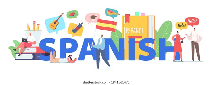 Characters Learning Spanish Language Course Concept. Tiny People at Huge Textbooks and Flag, Teacher and Students Chatting, Espanol Webinar Lesson Poster, Banner or Flyer. Cartoon Vector Illustration