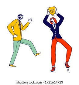 Caracteres que abandonan el concepto de zona de confort. Una mujer celebra la victoria sosteniendo un goblet dorado sobre la cabeza, un hombre dando el primer paso fuera de los límites personales, coraje de negocios. Ilustración de vectores de personas lineales