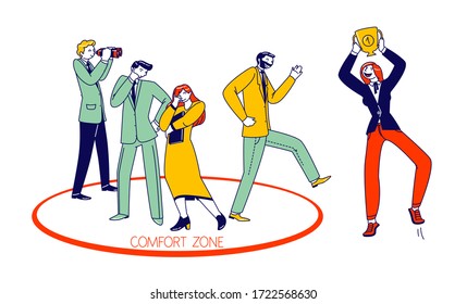 Characters Leaving Comfort Zone Concept. People Stand Inside and Outside of Circle. Success, Career and Business Self Improvement Millennial Lifestyle, Education and Growth. Linear Vector Illustration