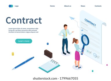 Characters from legal service studying the contract. Contract Agreement and Management Concept. Flat Isometric Vector Illustration. Webpage template