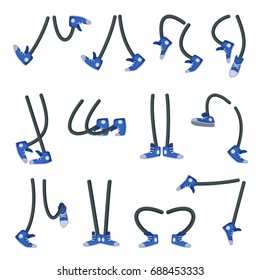 Characters legs in shoes. Different positions and situations. Walking, running and standing