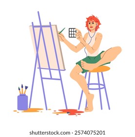 Characters leisure. Creative hobby. Happy woman painting picture. Girl at easel canvas drawing with paints palette and listening to music. Creativity craft studio. Artistic workshop. Vector concept