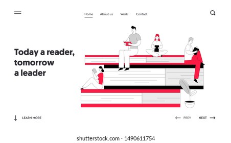 Characters in Literature Storage Website Landing Page. Women and Men Reading in Library Sitting on Huge Pile of Books. Students Prepare for Examination Web Page Banner Cartoon Flat Vector Illustration