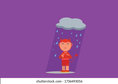 Characters of a little devil and a big rainy. Sad theme. Simple character vector illustration.