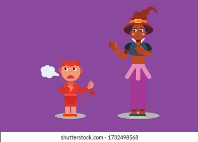 Characters of a little devil and a witch. Halloween theme. Simple character vector illustration, this illustration can use as a sticker also.