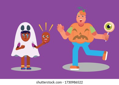 Characters of a little girl and a boy wearing Halloween costume. Halloween theme. Simple character vector illustration, this illustration can use as a sticker also.