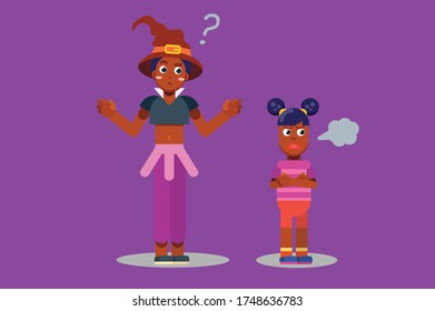 Characters of a little girl and a confused witch. Halloween theme. Simple characters vector illustration.