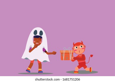 Personajes de un niño pequeño con un disfraz de demonio y una chica usando un disfraz fantasma, tema de Halloween. Simple ilustración vectorial de caracteres, esta ilustración también puede utilizarse como pegatina.