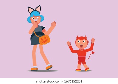 Characters of a little kid frighten a girl wearing an angel dress, Halloween theme. Simple character vector illustration, this illustration can use as a sticker also.