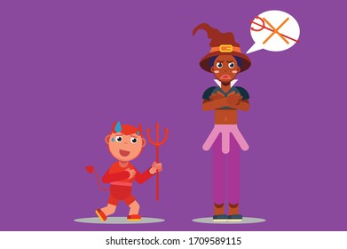 Characters of a little kid and a pretty girl wearing Halloween costume. Halloween theme. Simple character vector illustration, this illustration can use as a sticker also.