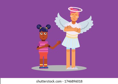 Characters of a little kid trying to soothe a sad angel. Halloween theme. Simple character vector illustration.