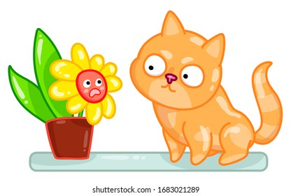 Characters The little orange kitten and The yellow flower in a pot met on the windowsill and are ready to play together