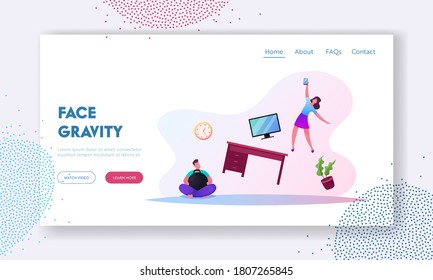 Characters In Living Room With Zero Gravity Flying Furniture Table And Tv Landing Page Template. Man Holding Dumbbell For Antigravity, Woman With Mobile Fly In Air. Cartoon People Vector Illustration