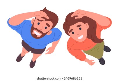 Characters look upwards. Man and woman top view, people saw something in sky view from above flat vector illustration. Surprised couple looking up