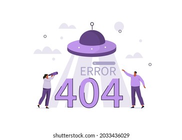 Characters looking at 404 error problem message. Page not found concept. Flat cartoon vector illustration.