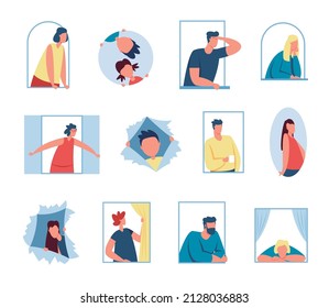 Characters looking out window, people peeping through hole in paper. Curious men and women peeking out windows, spying character vector set. Illustration of character person in window
