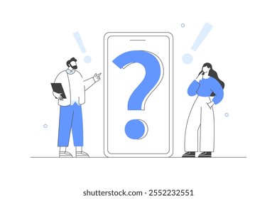 Characters looking at question mark on smartphone. Woman and man ask questions, receive answers, share user experiences, and provide customer feedback. Flat Cartoon Vector Illustration, icon. Stylish 