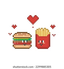 Personajes de amor, hamburguesas y papas fritas en píxeles