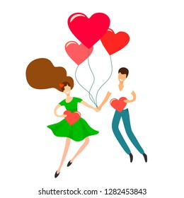 Characters in love with hearts in their hands and balloons in the shape of hearts on a white background. Creative Vector Illustration