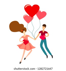 Characters in love with hearts in their hands and balloons in the shape of hearts on a white background. Creative Vector Illustration