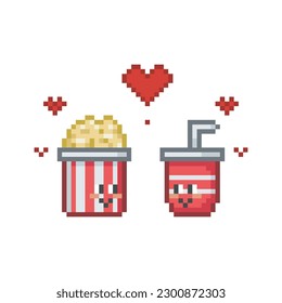 Characters in love, popcorn and fizzy soda pixel art