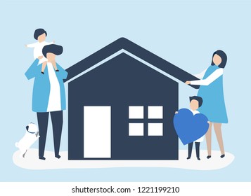 Characters of a loving family and their house illustration