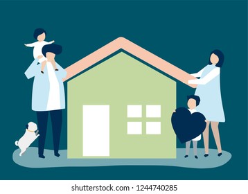 Characters of a loving family and their house illustration