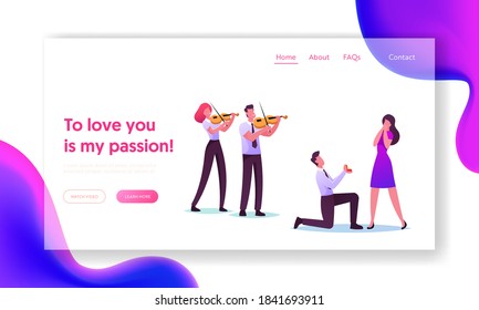Characters in Loving Relation Landing Page Template. Man Stand on Knee Holding Ring Making Proposal to Woman in Romantic Setting with Musicians, Love, Engagement. Cartoon People Vector Illustration