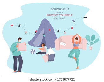 Characters Made Blanket Fortress with Garland in Pajamas.Home Hut.Yoga Time.Tent at Home with Pillows For Children and Family.Time at Home During Quarantine.Flat Vector Illustration