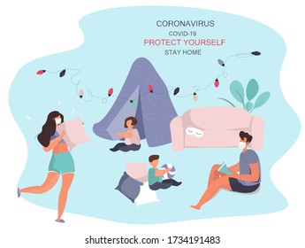 Characters Made Blanket Fortress with Garland in Pajamas.Home Hut.Pajama party.Tent at Home with Pillows For Children and Family.Time at Home During Quarantine.Flat Vector Illustration