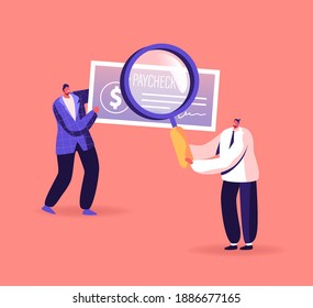 Characters with Magnifying Glass Hold Huge Paycheck with Dollar Sign. Pay Check, Money Prize Winning, People Get Cash Salary Payment with Company Banking Cheque Concept. Cartoon Vector Illustration