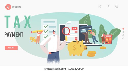 Characters Make Online Tax Payment Landing Page Template. Tiny Woman Fill Huge Application for Tax Form. Online Taxation Submitting System, Payment Calculating. Cartoon People Vector Illustration