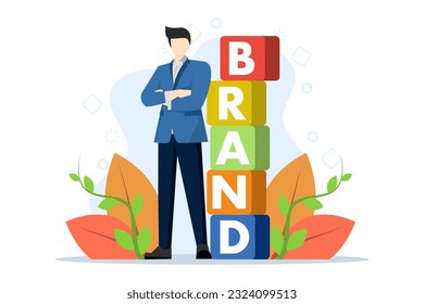 characters make the word BRAND from cubes. Personal brand concept, journalism, advertising, online advertising, public relations, recognizable branding in flat design. flat vector illustration.