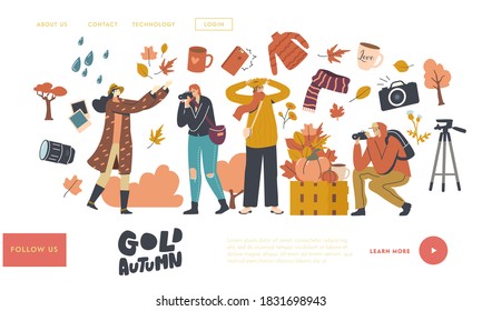 Characters Making Autumn Photo with Fallen Leaves Landing Page Template. Fall Season Activity and Spare Time, Outdoor Walking, Flowers and Harvest Photography Hobby. Linear People Vector Illustration