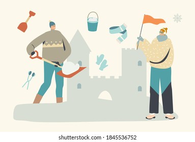 Characters Making Castle Snow Sculpture in Ice Town, Couple Man Woman Working with Shovel and Bucket for Building Beautiful Palace for Winter Holidays Fair Exhibit. Linear People Vector Illustration