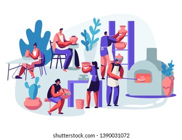 Characters Making and Decorating Pots, Earthenware, Crockery and Other Ceramics at Pottery Workshop. Group of People Enjoying Their Hobby. Painting, Baking in Oven. Cartoon Flat Vector Illustration