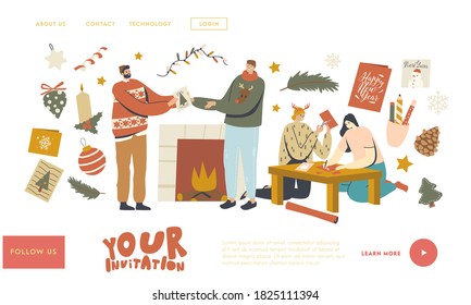 Characters Making and Giving Christmas Greeting Cards Landing Page Template. Xmas Holidays Celebration, Warm Congratulations to Friends or Family for Festive Season. Linear People Vector Illustration