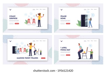 Characters Making Prank Tricks Landing Page Template Set. People Fooling, Man Wear Horse Head Play Maracas, Boy Put Rubber Duck on Chair to Kidding Dad, Cracked Smartphone. Cartoon Vector Illustration