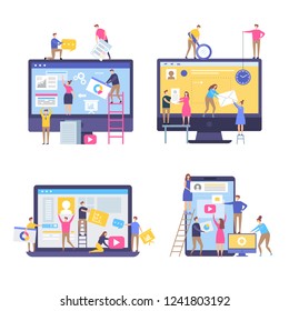 Characters making web pages. Peoples decorated websites team in business marketing scenes simple stylized vector illustrations