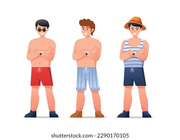 Characters man in swimwear summertime holidays vector illustration