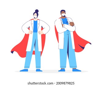 Characters man and woman doctors heroes in white coat, mask and red cloak stands on the protection against viruses. Vector flat illustration isolated on white background.