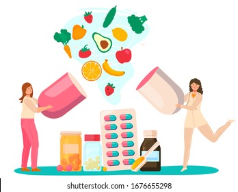 Characters man and woman holding tablet with vitamin, drug to improve health, isolated on white, flat vector illustration. Vitamin complex, vegetable, fruit. utritional supplement to improve health.