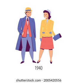 Characters of man and woman wearing 1940 fashion clothes flat isolated vector illustration