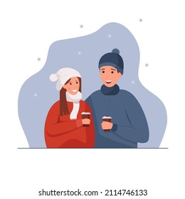 Characters. Man and woman in winter clothes. They are in love, drinking coffee and smiling. They are in kurtas and hats, blue background. Snowflakes are flying around. Vector illustration.